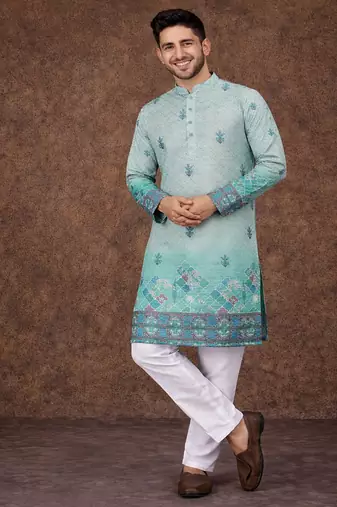 turquoise rayon cotton zari weaving kurta pajama