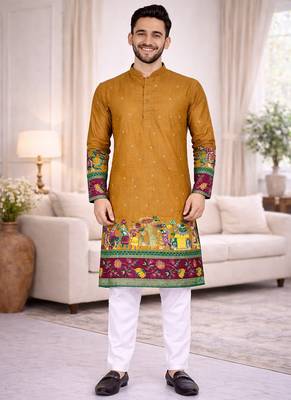 mustard patola foil print dola silk kurta payjama set 4