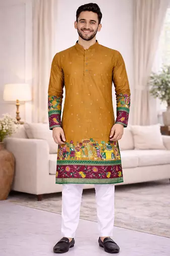 mustard patola foil print dola silk kurta payjama set