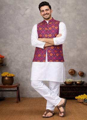 wine jacquard koti kurta pajama set for men 2