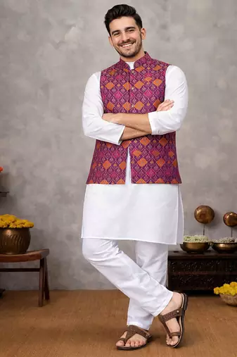 wine jacquard koti kurta pajama set for men