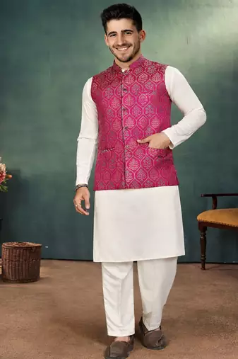rani pink jacquard silk koti kurta payjama set