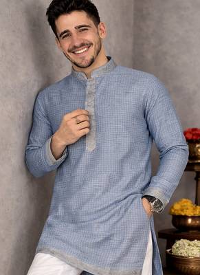 navy blue jacquard linen silk kurta pajama set for men 2