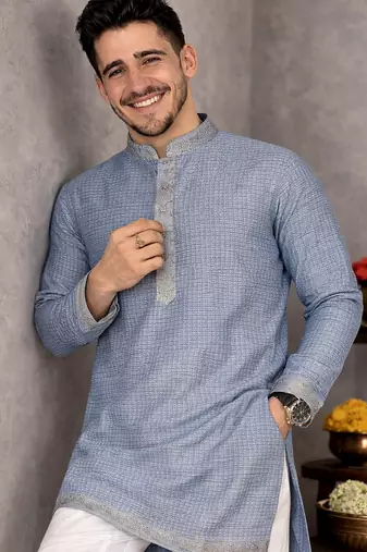 navy blue jacquard linen silk kurta pajama set for men