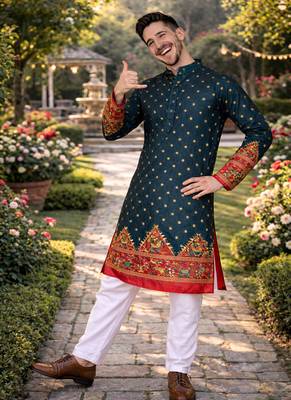 teal patola foil print dola silk kurta payjama set 4