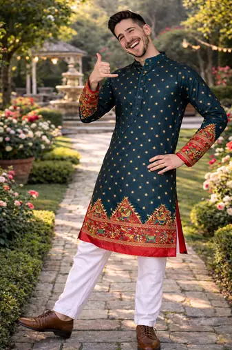 teal patola foil print dola silk kurta payjama set