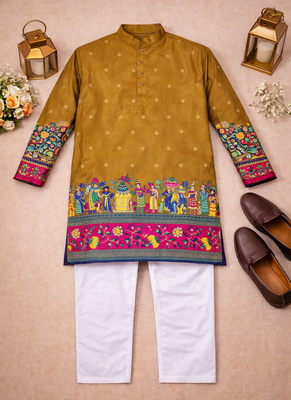 mustard patola foil print dola silk kurta payjama set 5