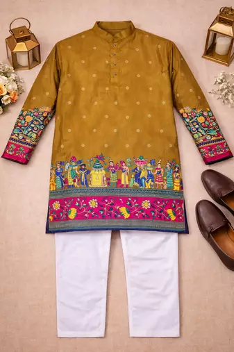 mustard patola foil print dola silk kurta payjama set