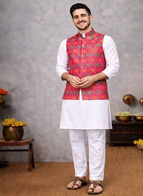 rani pink jacquard silk koti kurta pajama set for men 2
