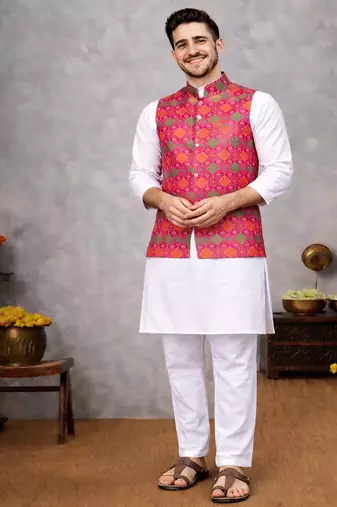 rani pink jacquard silk koti kurta pajama set for men