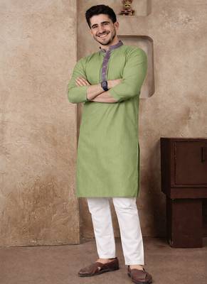 olive green jacquard linen silk kurta pajama set for men | classic ethnic wear 2