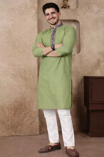 olive green jacquard linen silk kurta pajama set for men | classic ethnic wear