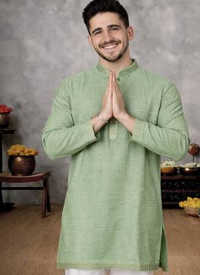 pista green jacquard linen silk kurta pajama set for men 2
