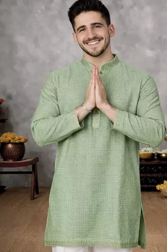 pista green jacquard linen silk kurta pajama set for men