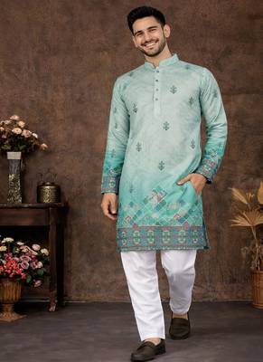 turquoise rayon cotton zari weaving kurta pajama 3