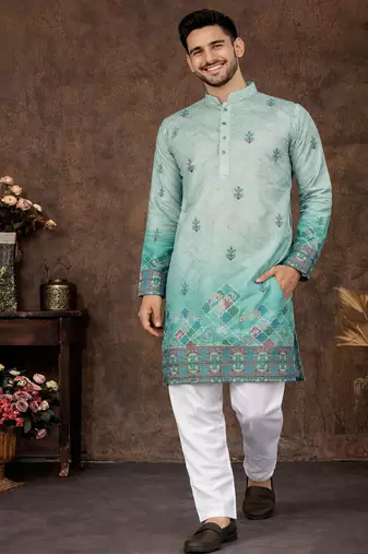 turquoise rayon cotton zari weaving kurta pajama