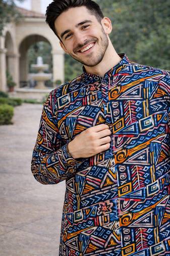 navy blue multicolour foil print cotton kurta pajama set for men