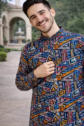 navy blue multicolour foil print cotton kurta pajama set for men