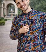 navy blue multicolour foil print cotton kurta pajama set for men