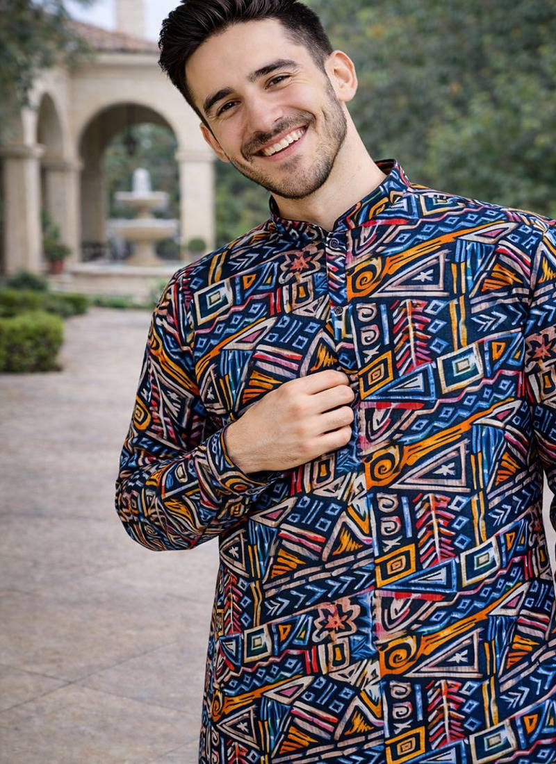 navy blue multicolour foil print cotton kurta pajama set for men