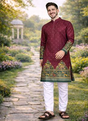 wine dola silk kurta payjama set with patola print 4
