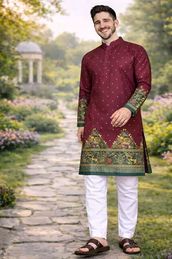 wine dola silk kurta payjama set with patola print