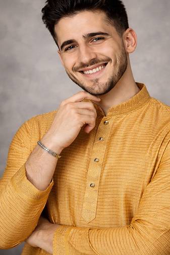 mustard jacquard linen silk kurta pajama set for men