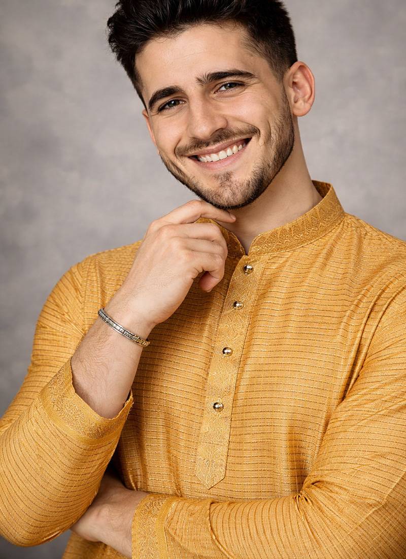 mustard jacquard linen silk kurta pajama set for men