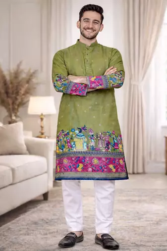 pista color patola print dola silk kurta pajama set