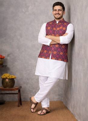 wine jacquard koti kurta pajama set for men 3