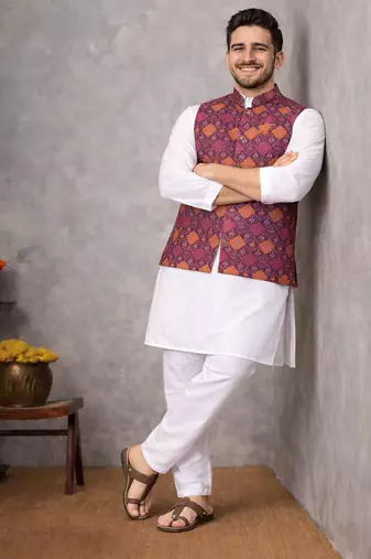 wine jacquard koti kurta pajama set for men