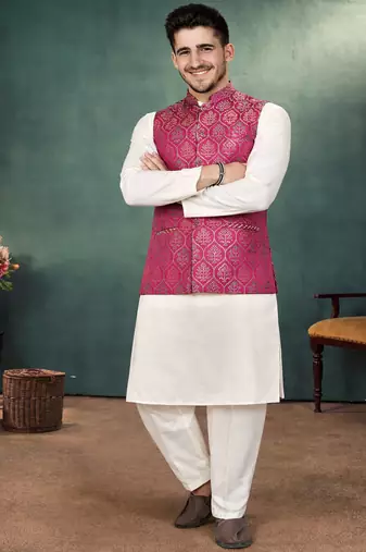 rani pink jacquard silk koti kurta payjama set