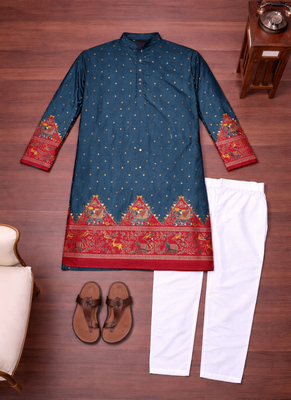 teal patola foil print dola silk kurta payjama set 5