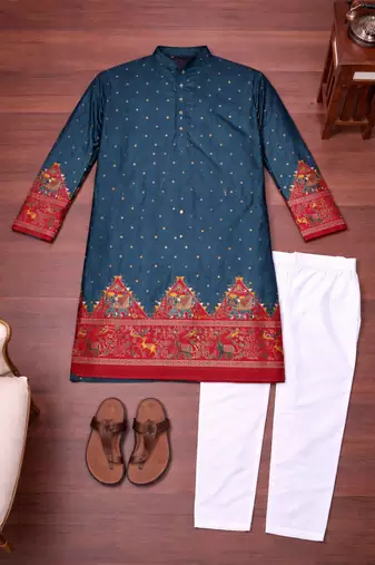 teal patola foil print dola silk kurta payjama set