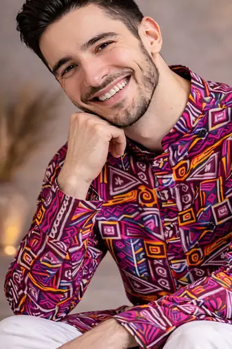 wine geometric multicolour foil print cotton kurta pajama set for men