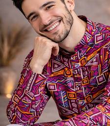 wine geometric multicolour foil print cotton kurta pajama set for men