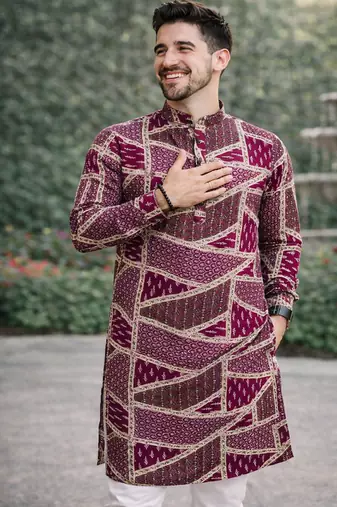 wine multicolour foil print cotton kurta pajama set for men | trendy ethnic outfit