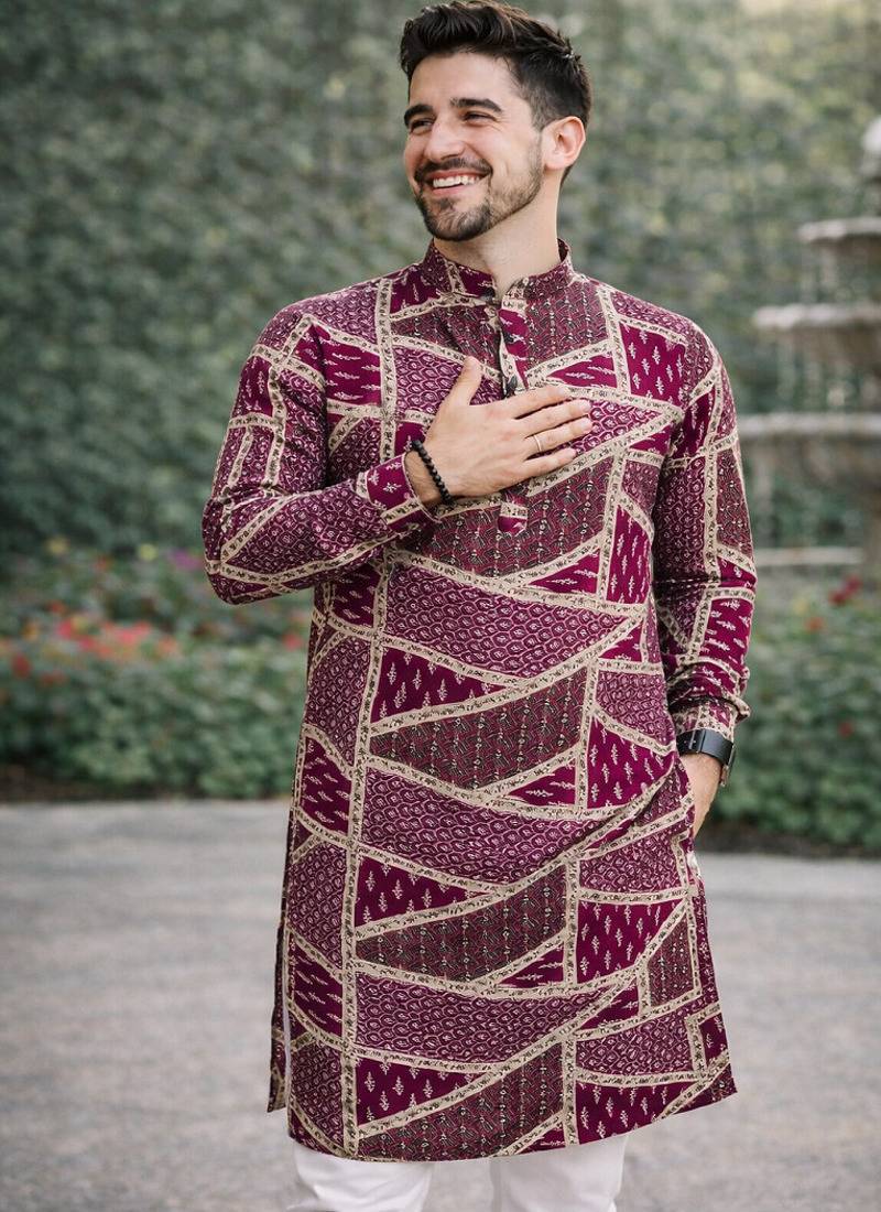 wine multicolour foil print cotton kurta pajama set for men | trendy ethnic outfit