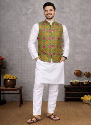 olive jacquard silk koti with cotton kurta pajama set for men | festive nehru jacket outfit 2