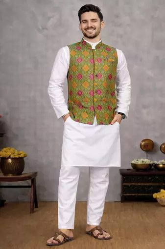 olive jacquard silk koti with cotton kurta pajama set for men | festive nehru jacket outfit