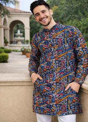 navy blue multicolour foil print cotton kurta pajama set for men 2