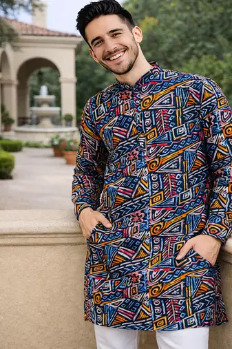 navy blue multicolour foil print cotton kurta pajama set for men