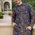 navy blue multicolour foil print cotton kurta pajama set for men
