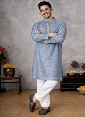 navy blue jacquard linen silk kurta pajama set for men 3