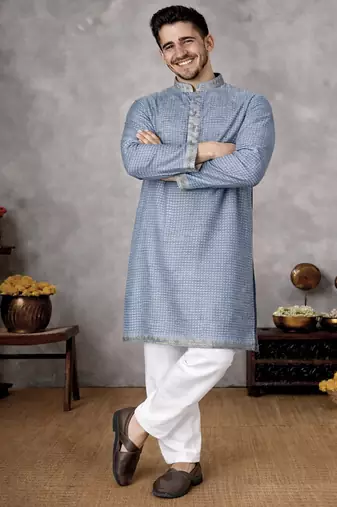 navy blue jacquard linen silk kurta pajama set for men