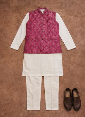 rani pink jacquard silk koti kurta payjama set 5
