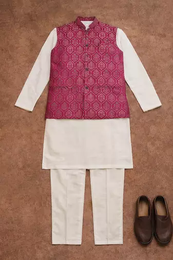 rani pink jacquard silk koti kurta payjama set
