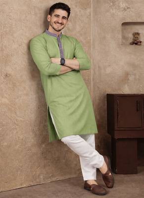 olive green jacquard linen silk kurta pajama set for men | classic ethnic wear 3