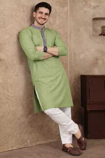 olive green jacquard linen silk kurta pajama set for men | classic ethnic wear