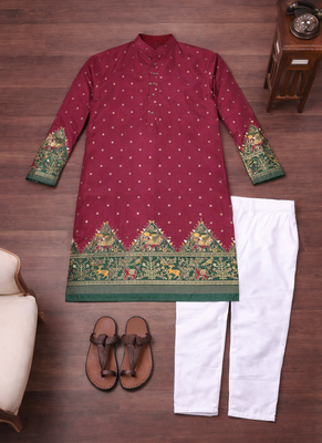 wine dola silk kurta payjama set with patola print 5